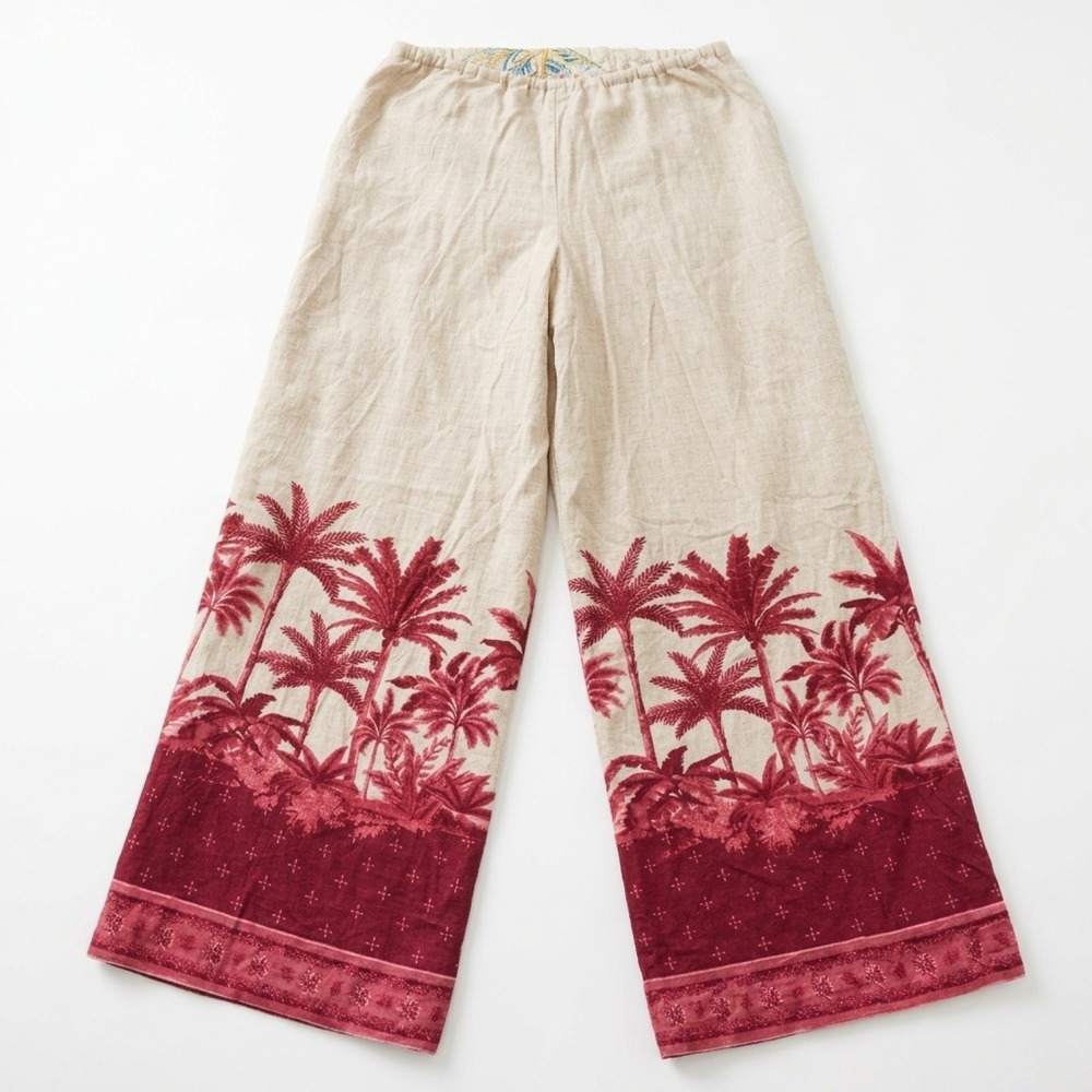 House of Harlow 1960 Pants Womens M Beige Red Linen Blend Tropical Wide Leg
